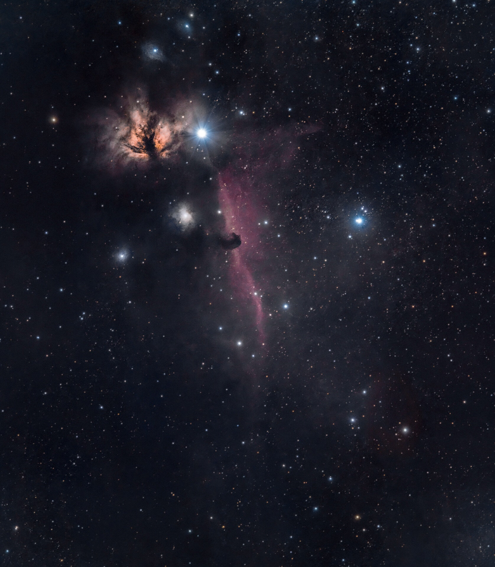 Astrofoto av Flammetåken og Hestehodetåken i stjernehimmelen