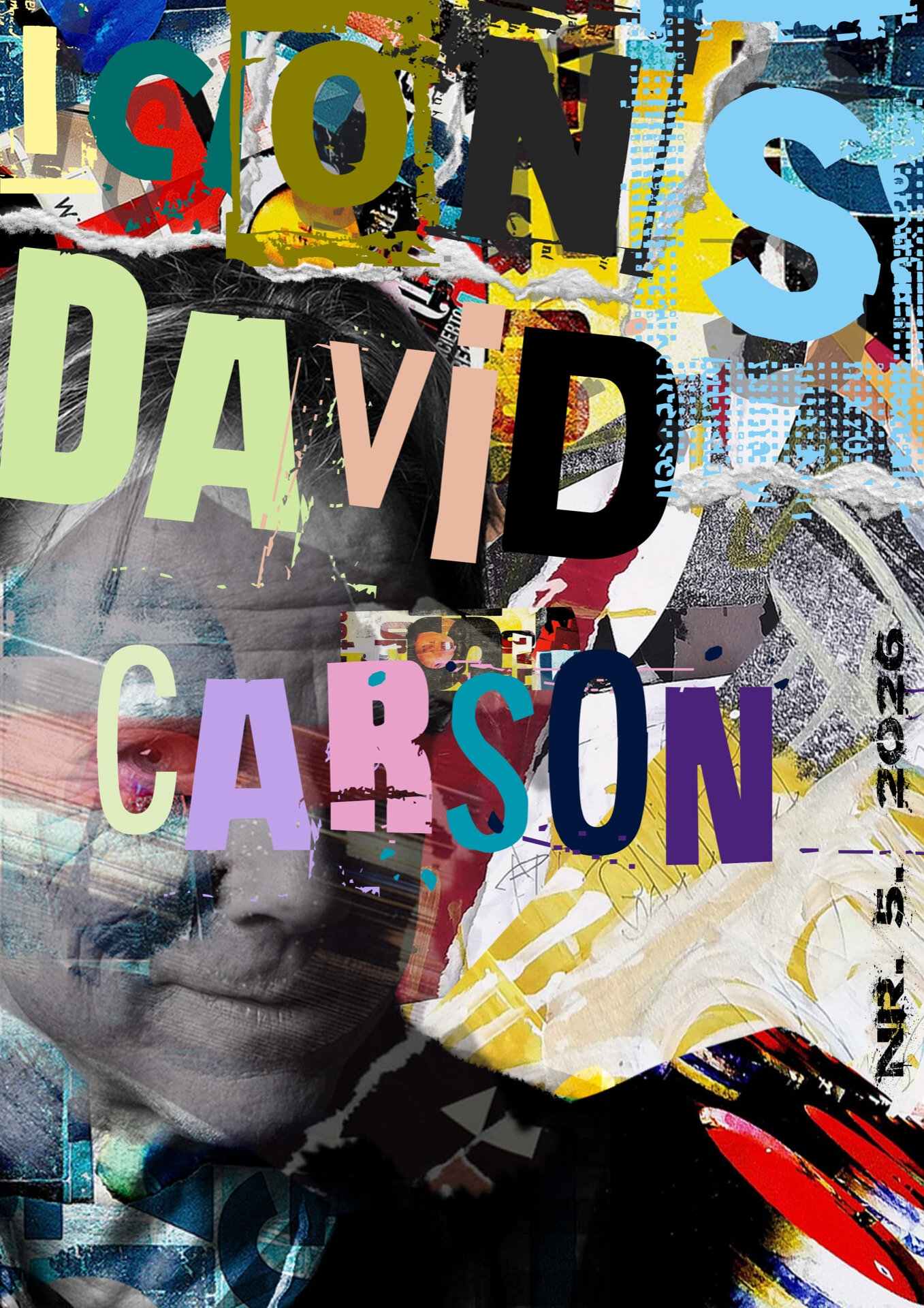 Plakatdesign "Icons – David Carson" med fargerik collagetypografi over portrett