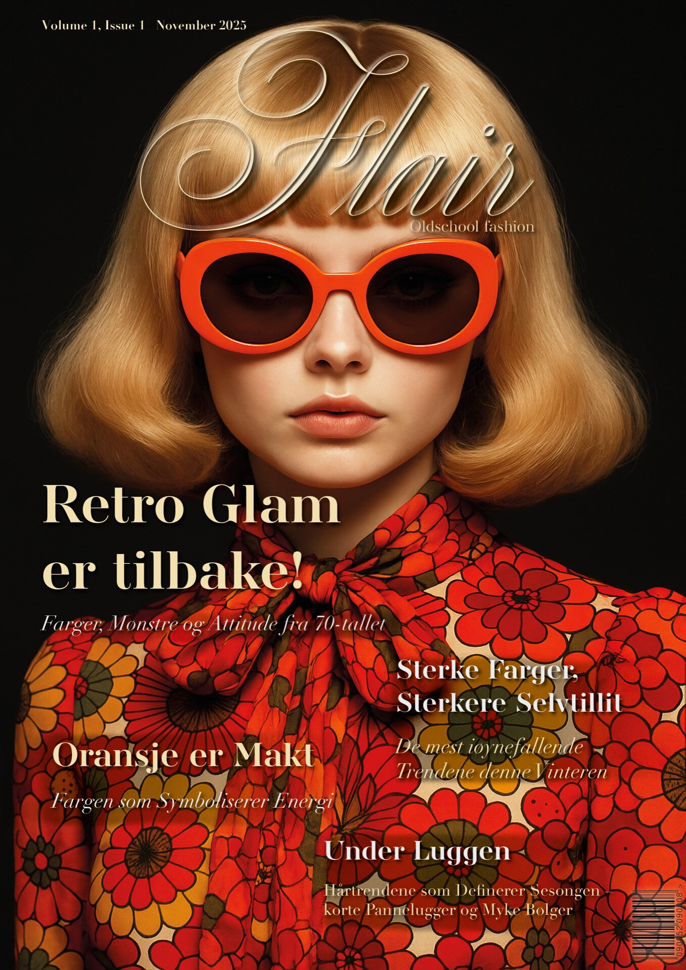 Magasinforside-design for motemagasinet "Flair" med modell i retrostil og oransje solbriller