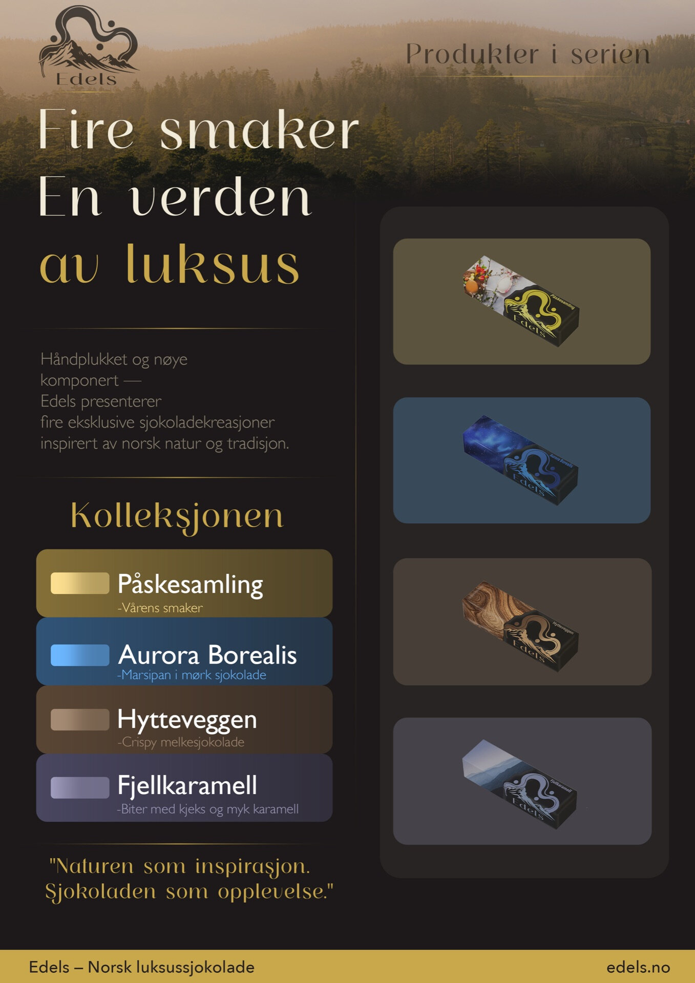 Produktplakat for sjokoladeserien "Edels" med fire smaksvarianter og fjellandskap