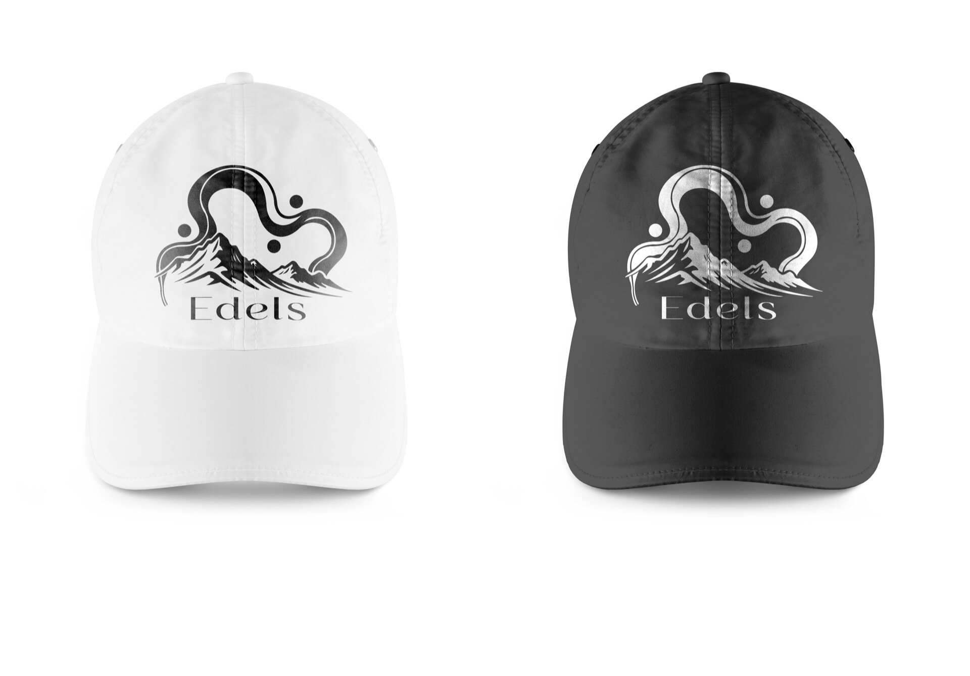 To caps i hvitt og sort med brodert "Edels"-logo, produktmockup