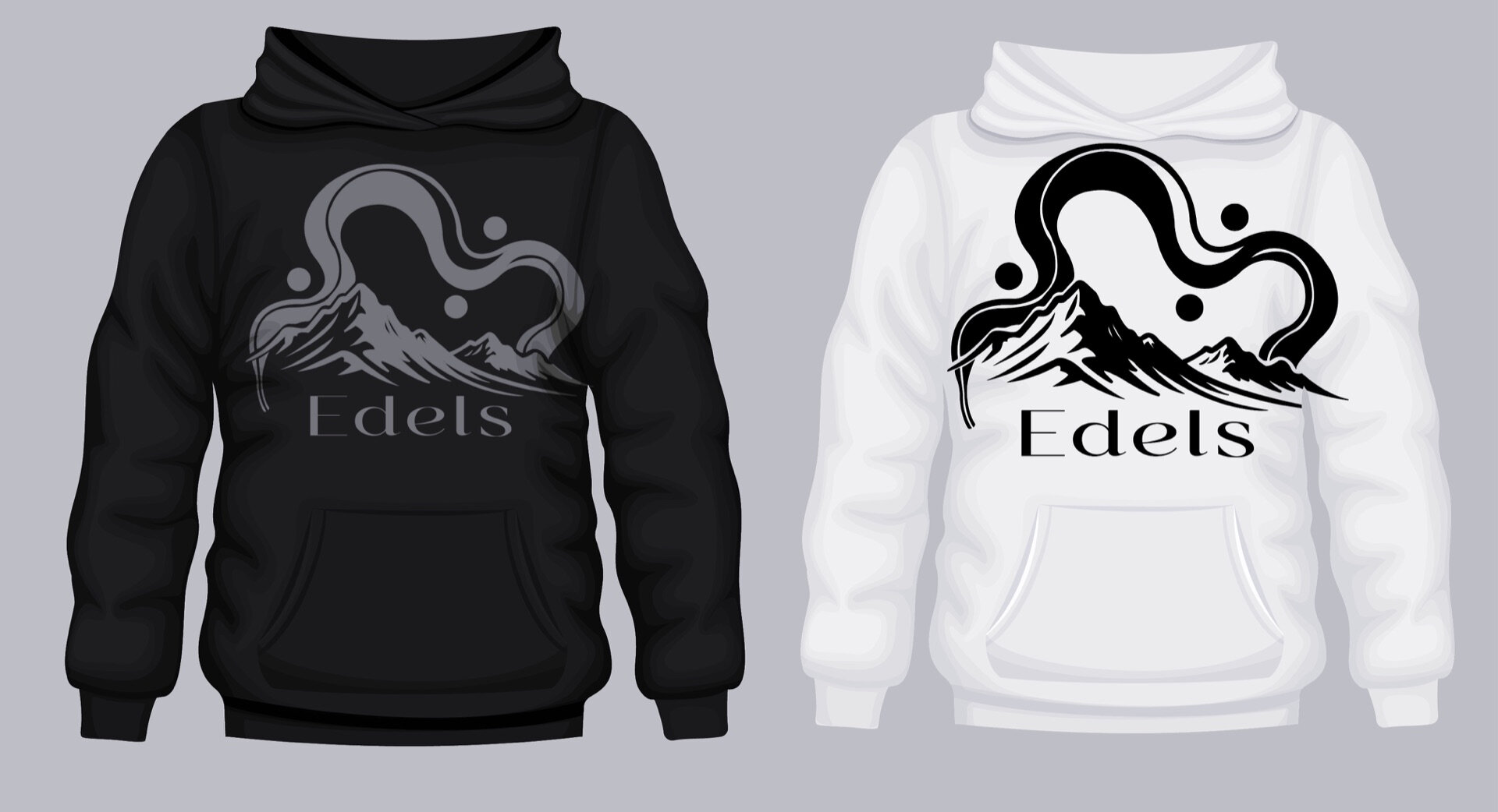 To hettegensere i sort og hvitt med trykt "Edels"-logo, produktmockup
